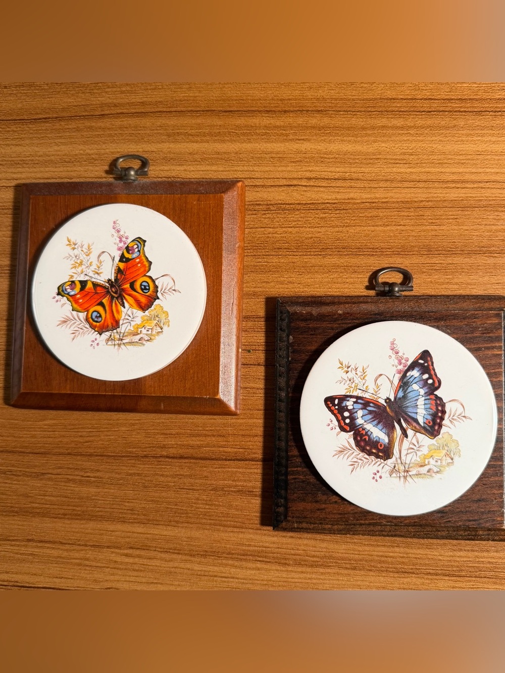 Vintage Style Butterfly Wall Plaques Set of 2 Wood Ceramic Cottagecore Decor